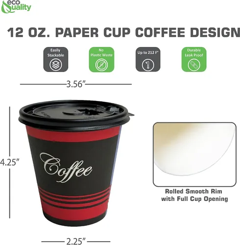 Miniatura 3 de EcoQuality Tazas de café de papel desechables de 12 onzas con tapas planas negras, vasos de papel reciclables para bebidas calientes/frías con tapas