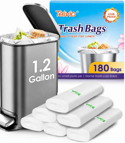 Teivio, bolsas de basura pequeñas y fuertes de 1.2 galones, 180 unidades, bolsas de basura de 5 litros, bolsas de plástico para el hogar, oficina,