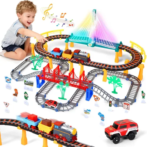 Juego de Pistas de Tren Eléctrico DIY 2 en 1 para Niños de 4-8 Años, Juego de Pistas de Tren y Autos, Puente con Luces y Tren con Sonido, Accesorios