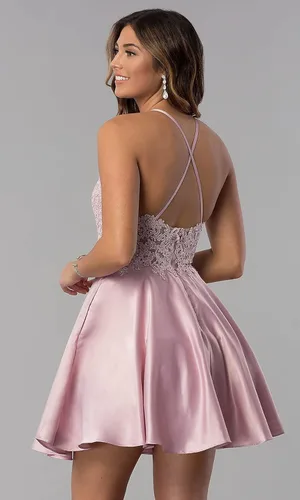 Miniatura 5 de WaterDress Vestidos cortos de satén con apliques de encaje y bolsillos, vestidos de cóctel para adolescentes WD029