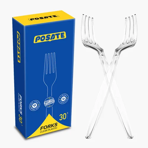 POSATE Tenedores de plástico resistentes, material desechable de grado alimenticio, transparente, paquete de 30