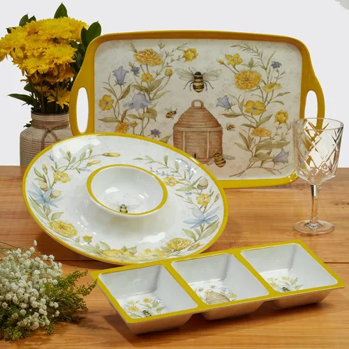 Miniatura 6 de Bee Sweet - Platos de ensalada y postre de melamina de 9 pulgadas, juego de 6 platos duraderos inastillables con diseño floral y de abeja, sin BPA