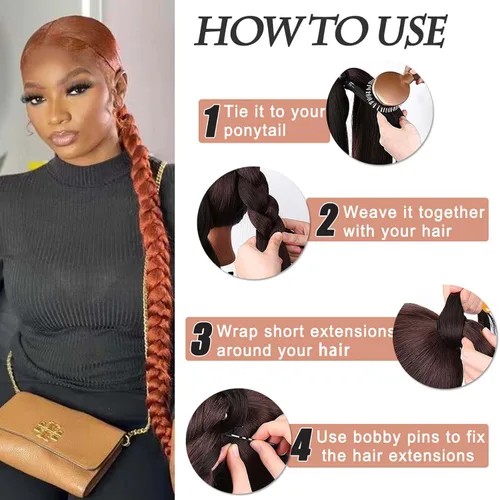 Miniatura 4 de Extensiones de cola de caballo trenzada de 20 pulgadas de largo para mujer, extensiones de cabello lacio envolvente con banda para el cabello, cola