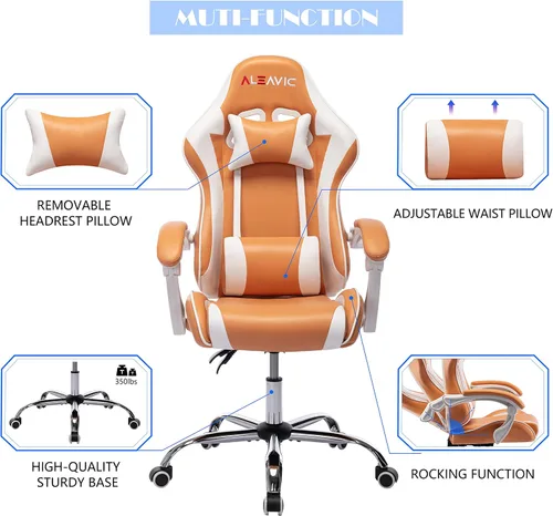 Miniatura 7 de Silla de juegos para adultos, silla ergonómica de respaldo alto para juegos de computadora con reposacabezas y soporte lumbar, color naranja