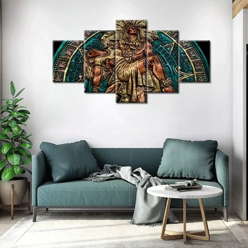 Miniatura 63 de Arte de pared con varios paneles, calendario maya, imágenes de piedra del sol, pinturas de civilización azteca sobre lienzo, sala de estar