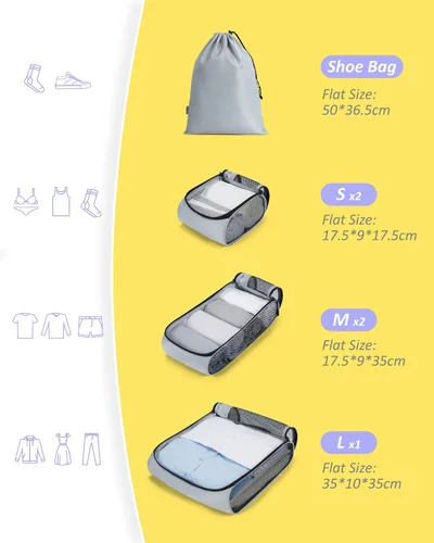 Miniatura 5 de BAGSMART - Juego de 7 cubos de embalaje para maletas esenciales de viaje, juego de bolsas organizadoras ligeras con bolsa de zapatos, cubos de viaje