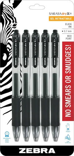 Zebra Pen Sarasa Dry X20 - Bolígrafos de gel retráctiles, punta media de 0.028 in, tinta negra con tecnología de tinta de secado rápido, ideales