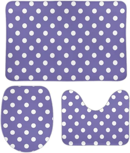 Miniatura 69 de Juego de 3 alfombras de baño con diseño de lunares, color azul aguamarina, antideslizante, con contorno en forma de U y tapa de inodoro