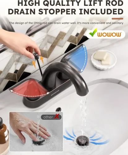 Miniatura 4 de WOWOW Grifo de Baño de 4 Pulgadas Centerset Bronce Frotado con Aceite Grifo de Lavabo de Baño Varilla de Elevación Ensamblaje de Drenaje Grifos