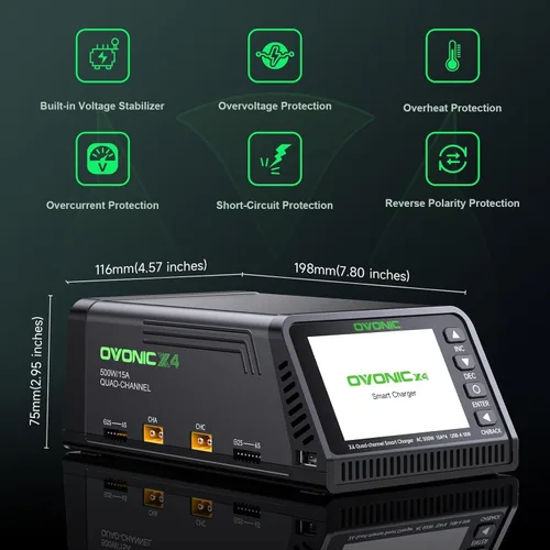 Miniatura 5 de OVONIC Cargador de equilibrio X4 LiPo AC 500W 4 canales Auto Power Asignación, 15A por canal, LiPo/Li-Ion/LiHV/Life 1-6S, NiMH 3-18S, protecciones
