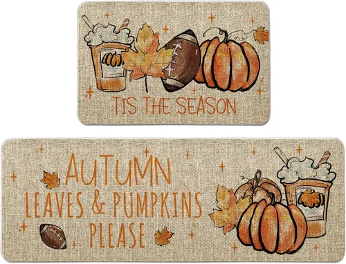 Tis The Season - Juego de 2 tapetes de cocina de otoño, fútbol, calabaza, granja, fiesta, decoración para el hogar, cocina, baño, 17 x 27 y 17 x 47