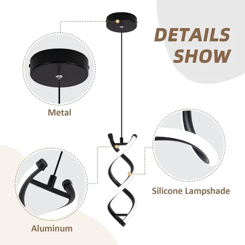 Miniatura 8 de CANEOE Lámpara colgante LED en espiral, lámpara colgante LED integrada moderna de 15W 6000K, altura ajustable, lámpara de techo negra para isla