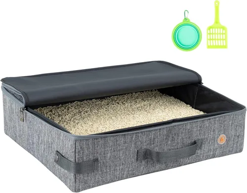 Miniatura 11 de Arenero portátil de viaje para gatos con tapa para contener arena y olor. Fácil de transportar, limpiar y almacenar. Ideal para viajes en auto, Negro