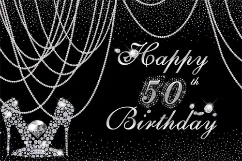 Telones de fondo de 50 cumpleaños para mujer, color negro y plateado, cortina de perlas de 5 x 3 pies, pantuflas de diamante plateado con diamantes
