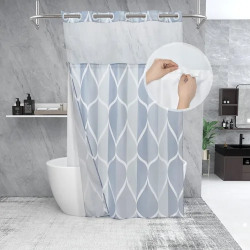 Miniatura 38 de Yiatn Juego de cortina de ducha azul egeo sin gancho con forro de tela a presión, estilo hotel con ventana superior de malla transparente, diseño