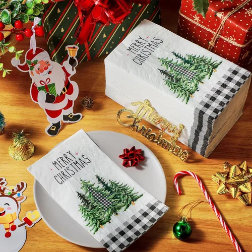Miniatura 4 de 100 Piezas Servilletas de Navidad a Granel Navideñas Toallas de Mano de Papel Desechables para Invitados Servilletas de Cóctel con Árbol de Navidad