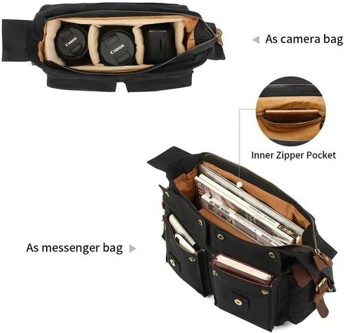 Miniatura 4 de Kattee Bolso de cuero de la cámara de la lona del bolso de la vendimia DSLR SLR Messenger Bag