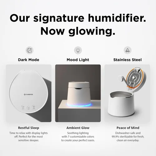 Miniatura 2 de Carepod One Plus Humidificador de Acero Inoxidable para Habitación Grande con Luz de Ambiente, Silencioso y Seguro para Bebé, Solo 3 Partes Blanco