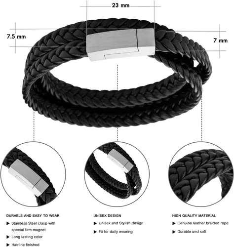 Miniatura 4 de 555Jewelry Pulsera de cierre magnético de cordón de cuero trenzado de acero inoxidable, Metal