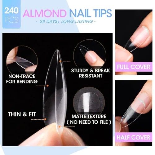 Miniatura 4 de Gellen kit de extensión de uñas en gel, kit de uñas en gel con 240 puntas de almendra, pegamento UV 3 en 1 para puntas de uñas, dehidratador