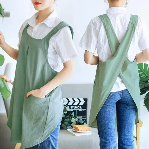 Miniatura 3 de NEWGEM - Delantales de cocina de lino japonés para mujeres y hombres, con tirantes cruzados y bolsillos, para repostería y cocina