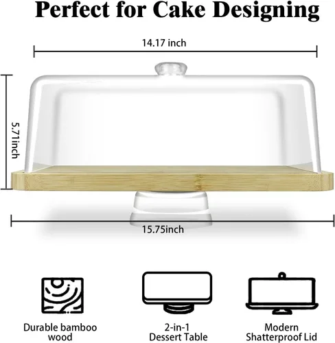 Miniatura 2 de Cutesun Soporte para pastel de bambú y madera con tapa - Soporte rectangular para pastel, juego de exhibición de 2 en 1 para mesa de postre y tabla