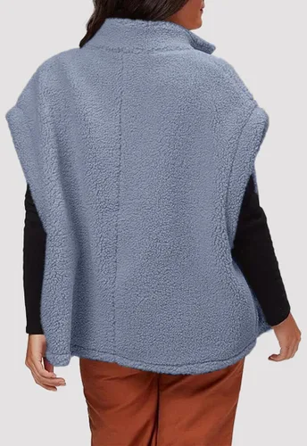 Miniatura 25 de Hongqizo - Chaleco de forro polar mullido para mujer, casual, de gran tamaño, cálido, con botones, chaqueta de sherpa con bolsillos