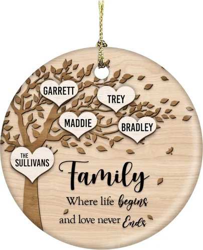 Miniatura 10 de Family Where Life Begins and Never Ends - Adorno de Navidad personalizado de cerámica de 3 pulgadas con caja de regalo (5 nombres)