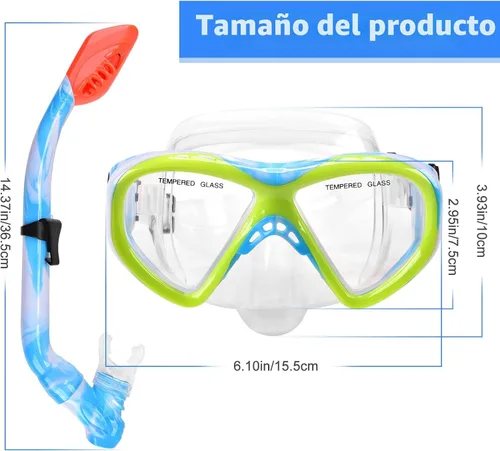 Miniatura 7 de Conjunto de esnórquel para niños con tubo de tapa seca, equipo de esnórquel para niños, jóvenes, niños y niñas junior de 5 a 15 años, máscara de Azul