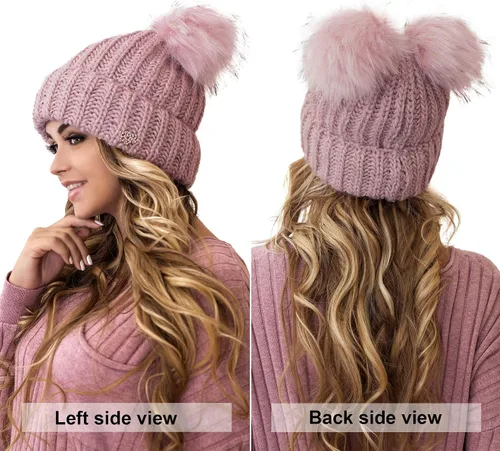 Miniatura 3 de Braxton Beanie - Gorro de lana para mujer, con 2 orejas de pompón, de punto trenzado, para invierno, para esquí al aire libre