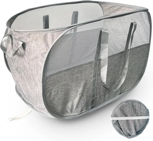 Miniatura 18 de Cesta de lavandería desplegable de malla extra grande de 100 litros con tapa y asas, paquete de 2, cesta de ropa sucia plegable XL