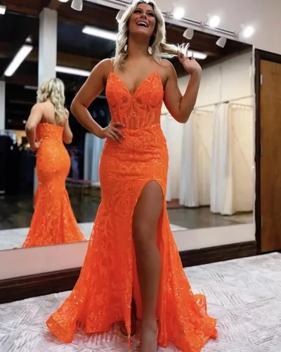 Miniatura 5 de RUMUGUYA Vestido de fiesta de sirena con lentejuelas brillantes con abertura para mujer, tirantes delgados, vestido formal de noche 2024