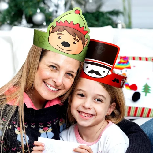 Miniatura 5 de Skylety 40 sombreros de fiesta de papel de Navidad para niños, ajustable, corona de papel, diadema, Papá Noel, elfo, reno, muñecos de nieve, hombre