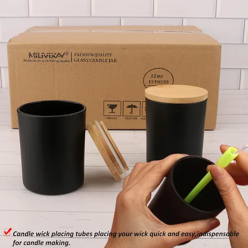 Miniatura 6 de MILIVIXAY Paquete de 12 unidades de tarros de vidrio de color negro mate de 12 onzas con tapas y kits para hacer velas - Tarros de vela vacíos a