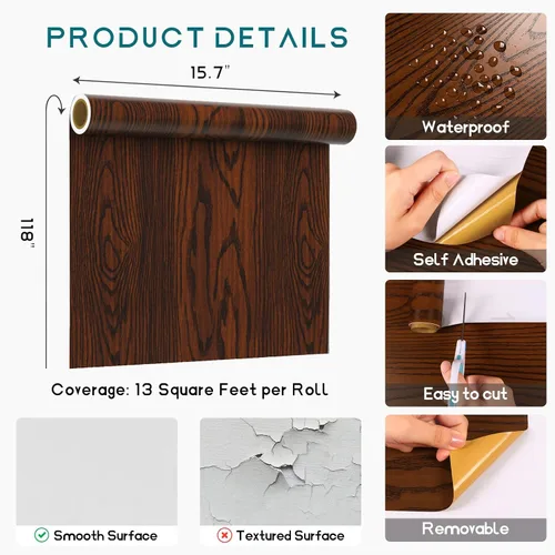 Miniatura 8 de VEELIKE Papel tapiz de madera marrón caoba, para despegar y pegar, papel de contacto de grano de madera, autoadhesivo, impermeable, extraíble, papel