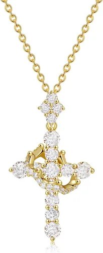 YIMERAIRE Collar de Cruz Corona de Moissanita Mejorado Oro Vermeil de 14K 1.1 Quilates Delicado Helado Joyería de Cruz de Fe Cristiana Plata de Ley