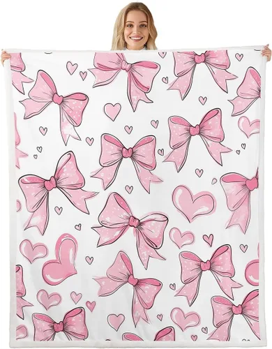 Miniatura 8 de Manta de franela de forro polar con lazos rosados femeninos de 40 x 50 pulgadas, manta mullida de corazones para el día de San Valentín para sofá