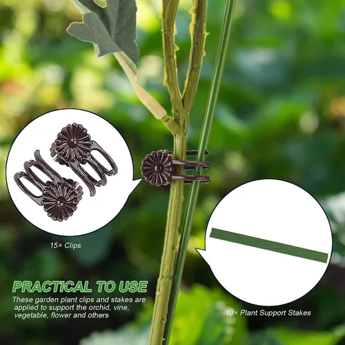 Miniatura 3 de Juego de 10 estacas de metal para plantas de jardín con 15 clips de fijación de vid, estacas de flores de un solo tallo de 15.75 pulgadas de alto