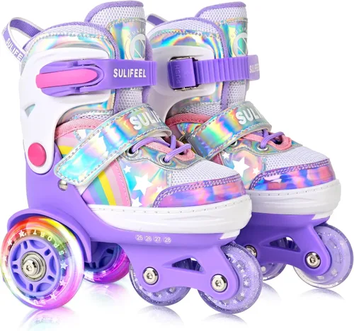 Miniatura 13 de SULIFEEL Rainbow Unicorn - Patines ajustables de 4 tamaños para niñas y niños de 3-5, 5-8, 6-12 años, patines para interiores y exteriores C Azul