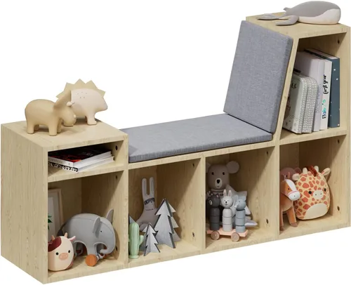 Miniatura 8 de HedoAjim Rincón de lectura para niños con almacenamiento, estantería infantil de 6 cubos con cojín de asiento suave, banco de lectura para sala