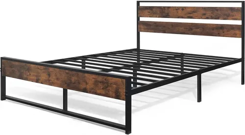 Miniatura 8 de Fencer Wire Base de cama de metal con cabecera y estribo de madera modernos, base de colchón, plataforma de metal con marco de acero, sin ruido,