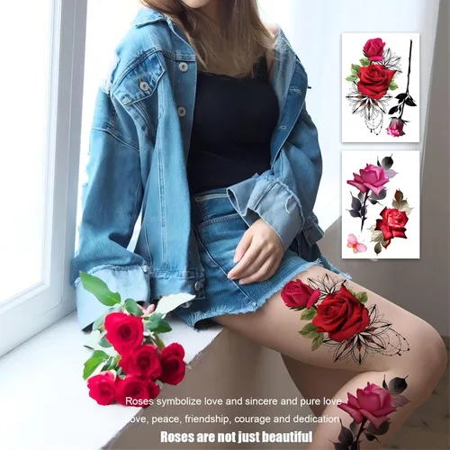 Miniatura 3 de ROARHOWL Impresionantes tatuajes temporales de flores de rosas, tatuajes falsos de rosas grandes para mujer, juego de tatuajes de rosas (rosa 3)