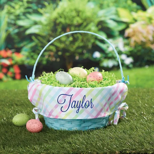 Miniatura 2 de Cesta de huevo de Pascua personalizada con asa y nombre personalizado en escritura azul marino Forro de canasta de Pascua multicolor Cesta azul