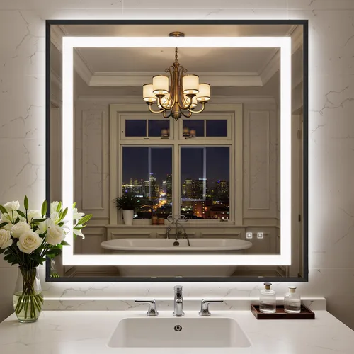 Miniatura 19 de Espejo de baño LED de 24 x 32 pulgadas con luces, espejo de tocador de baño con marco negro con luz frontal + retroiluminación para pared, vidrio