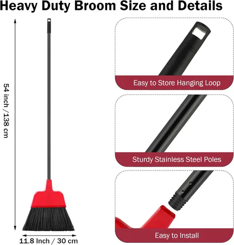 Miniatura 2 de 8 escobas para exteriores para limpieza de suelos, escoba comercial resistente, mango largo, escobas angulares para cocina, hogar, barrido, Rojo