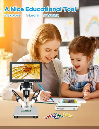Miniatura 5 de Microscopio digital LCD de 7 pulgadas 1200X, microscopio Leipan de moneda de 12 MP para adultos, microscopio 1080P con 12 diapositivas, compatible