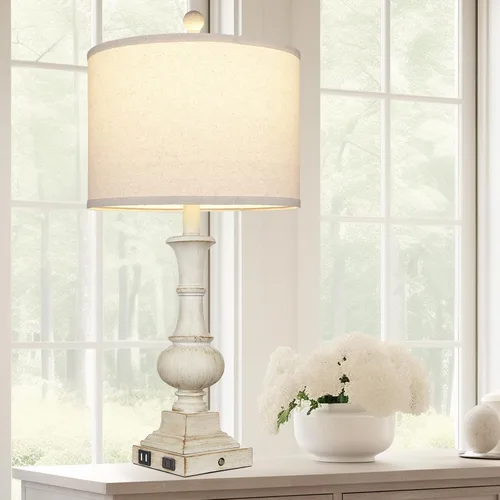 Miniatura 8 de 26" Farmhouse Table Lamp, Vintage Rustic Touch Control Bedside Lamp with 2 USB Ports & AC Outlet, Boho Resin 3-Way Dimmable Nightstand Lamp Linen