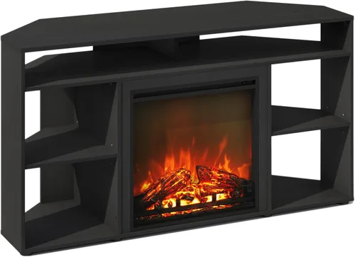 Miniatura 8 de Furinno Jensen - Soporte para TV con chimenea y centro de entretenimiento con almacenamiento abierto para TV de hasta 55 pulgadas, color gris roble