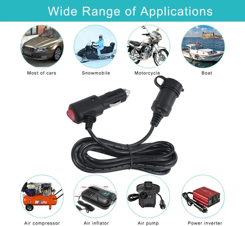 Miniatura 7 de Cable de extensión de encendedor de cigarrillos CC de 10 pies y 12 voltios con interruptor de encendido y apagado, cable de extensión de carga