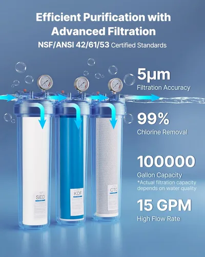 Miniatura 4 de VEVOR Sistema de filtro de agua para toda la casa, 3 etapas, sedimento, KDF, CTO Filtro purificador de agua para el hogar de 4.5 x 20 pulgadas que